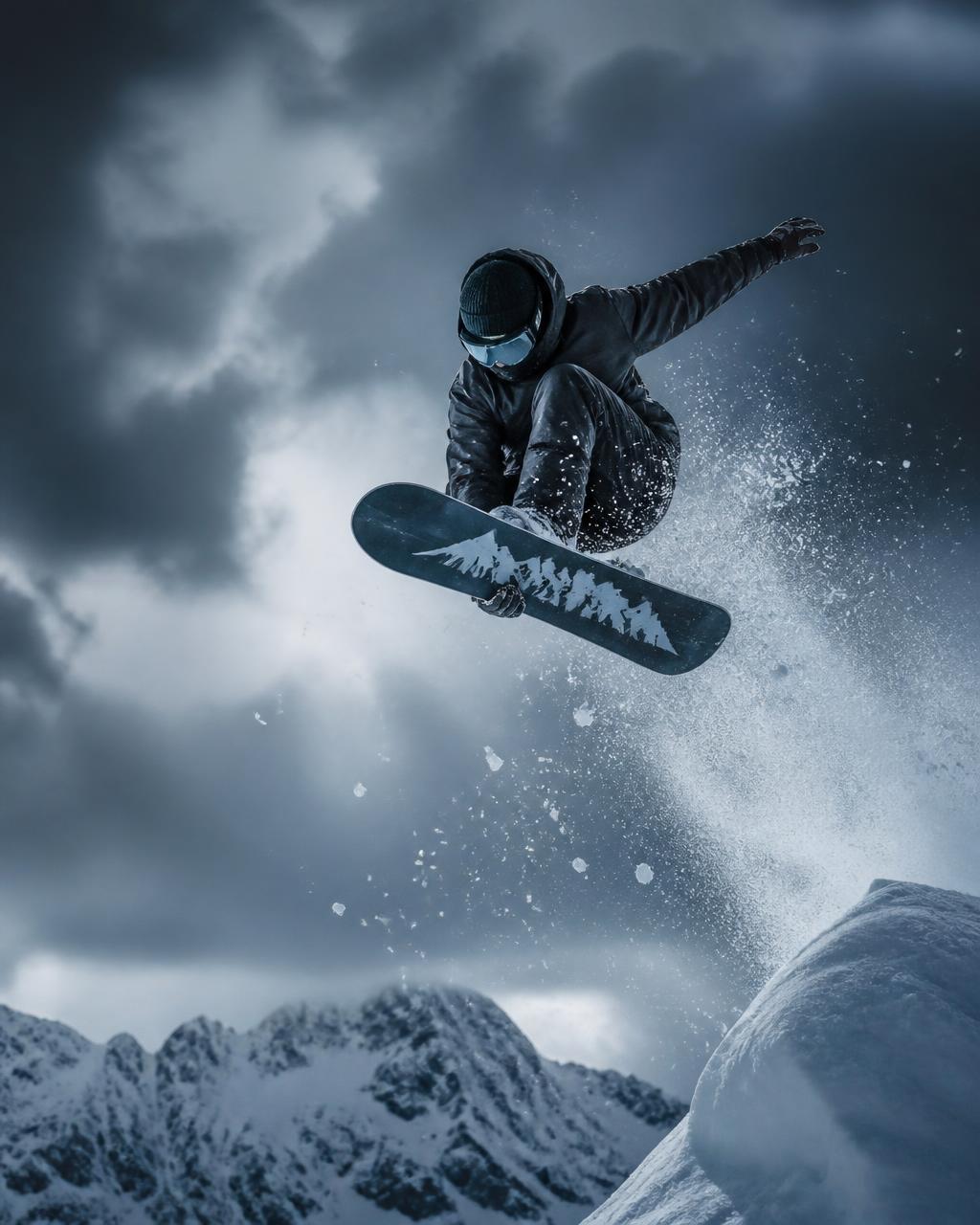 Snowboarder saltando sobre la montaña nevada