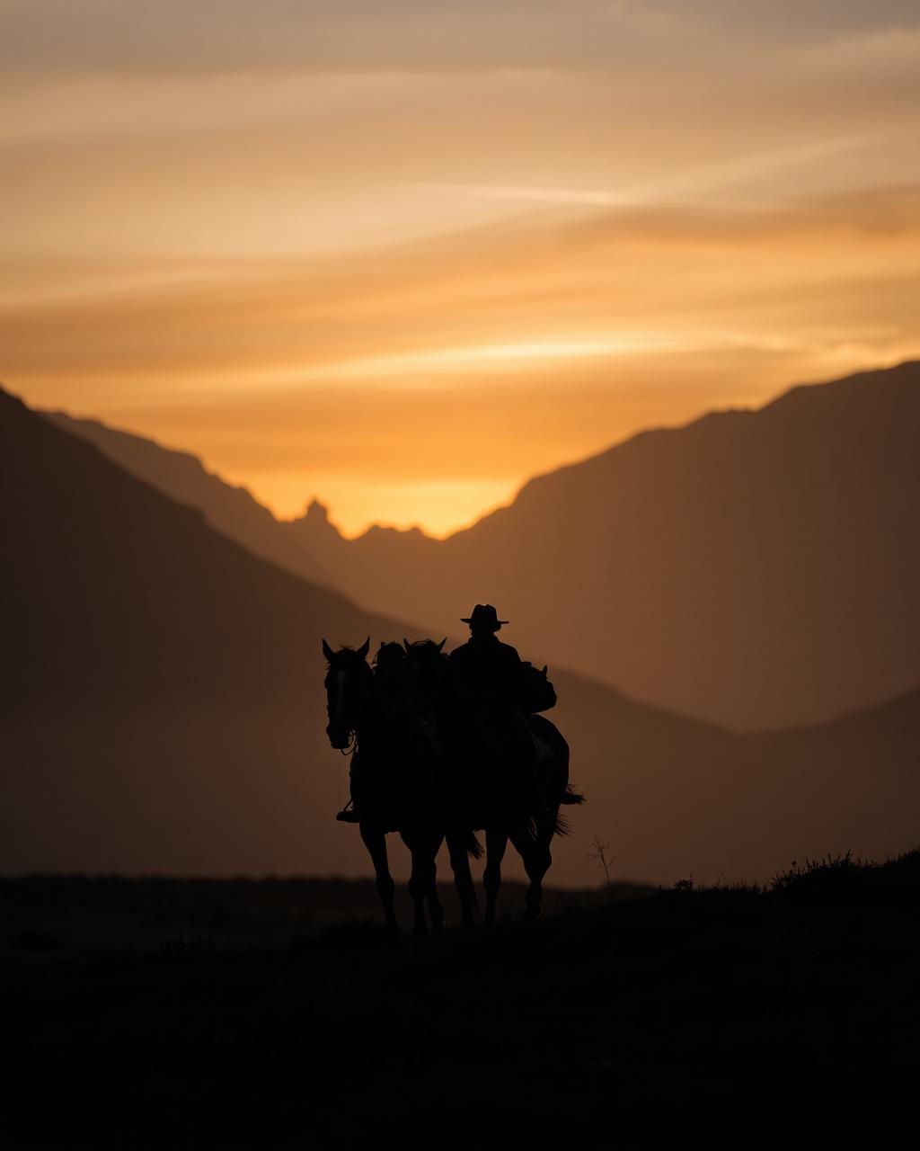 Jinetes a caballo cruzando un valle patagónico al atardecer