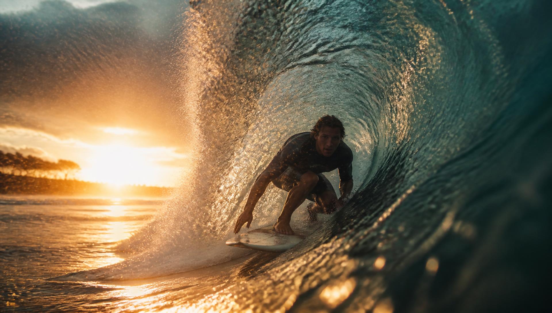 Surfista dentro de un tubo al atardecer