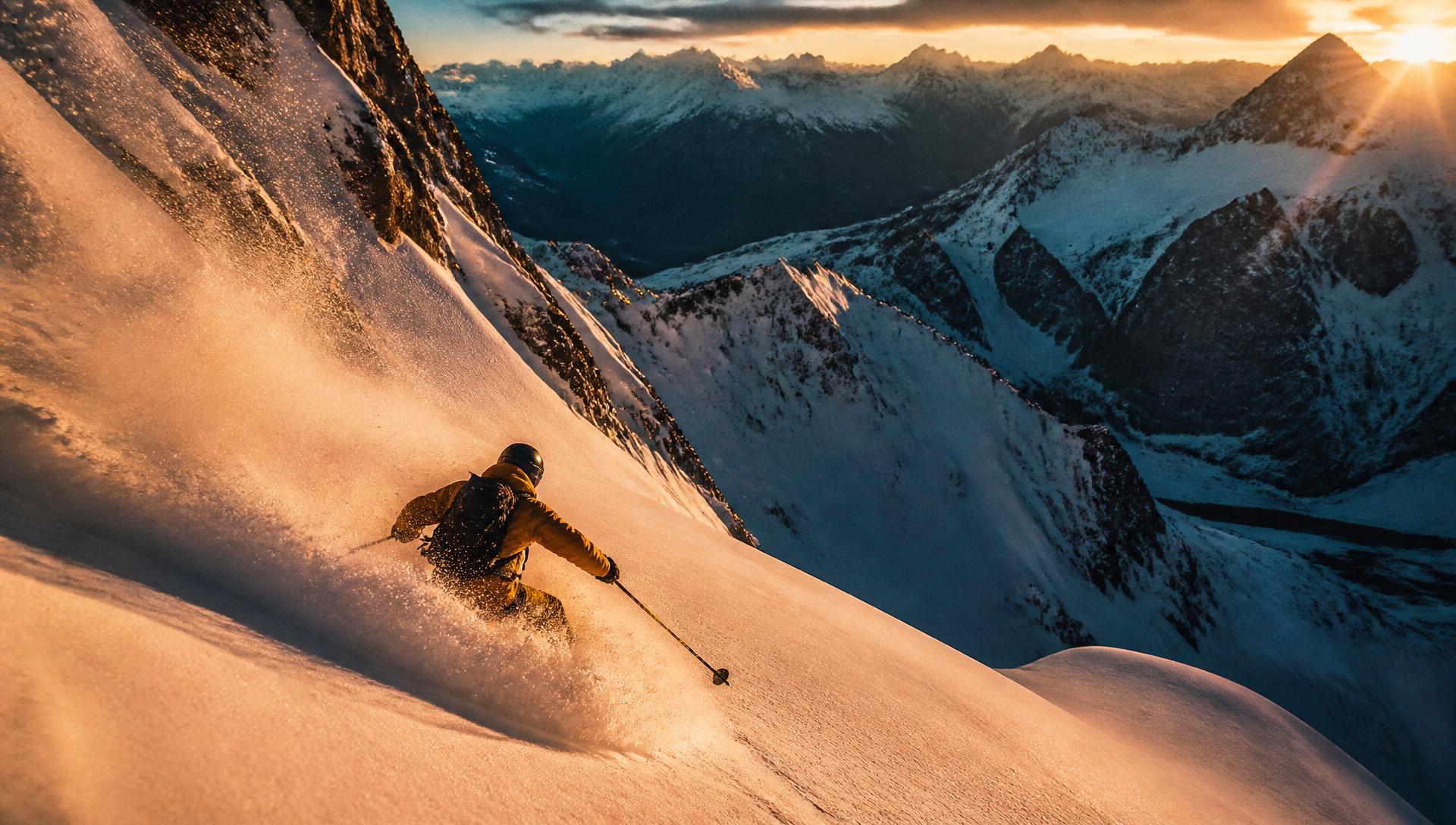 Skier bajando por nieve profunda al atardecer en la montaña